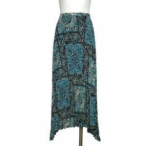 Free People Diamond Heart Pleated Skirt M Blue Floral Hankerchief Midi Hem Boho